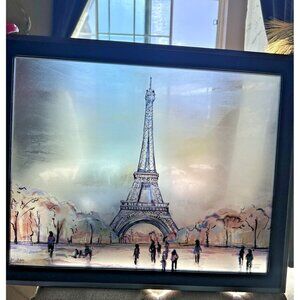 Framed Eiffel Tower Paris Reverse Glass Waterolor Sketch Painting Art